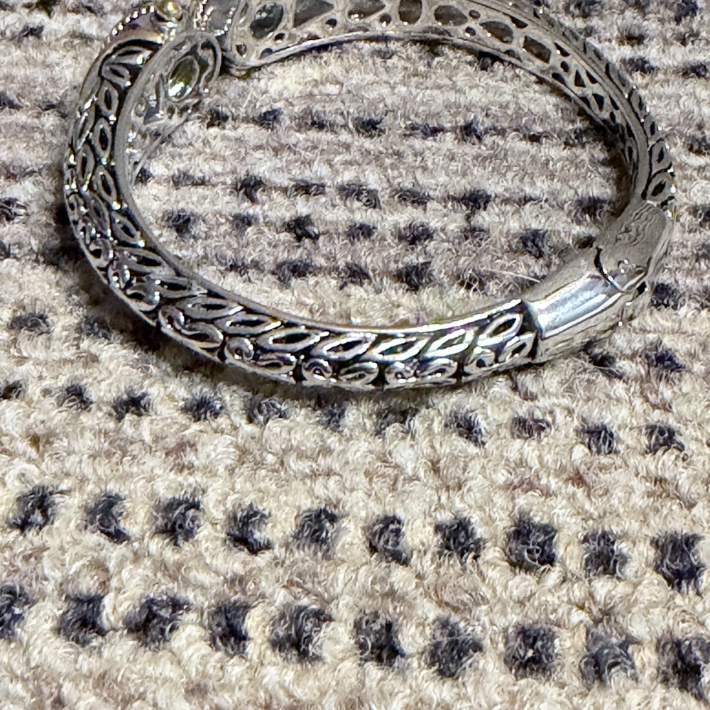 Elegant Silver and Gold Tone Bracelet Blue Accents Dec Birthstone Hinge Bangle - Picture 9 of 10